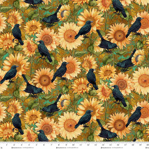 3439-38 - OCHRE - SUNFLOWERS & CROWS - CROW-MAZING by Jan Mott for Henry Glass & Co