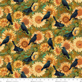 3439-38 - OCHRE - SUNFLOWERS & CROWS - CROW-MAZING by Jan Mott for Henry Glass & Co