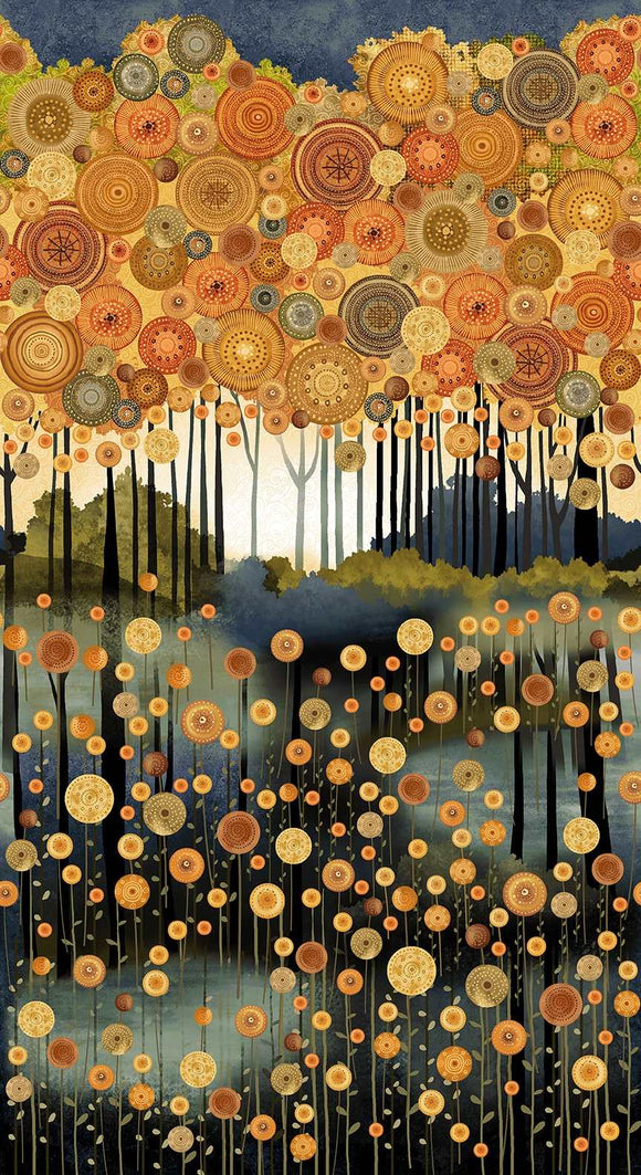 3445-38 - OCHRE RUST MULTI - BORDER TREES - CROW-MAZING by Jan Mott for Henry Glass & Co
