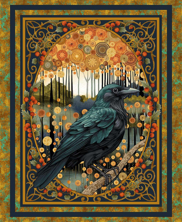 3447P-38 - OCHRE MULTI - CROW PORTRAIT PANEL - CROW-MAZING by Jan Mott for Henry Glass & Co