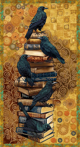 3448P-38 - OCHRE MULTI - CROW AND BOOKS PANEL - CROW-MAZING by Jan Mott for Henry Glass & Co