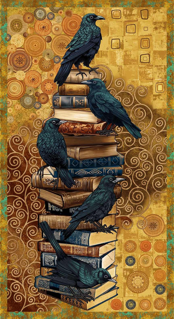 3448P-38 - OCHRE MULTI - CROW AND BOOKS PANEL - CROW-MAZING by Jan Mott for Henry Glass & Co