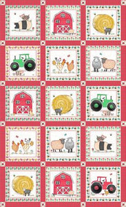 859-88 RED CONTINUOUS BLOCKS PANEL- 24"X42" - HAY DAY by Kate Mawdsley for Henry Glass & Co