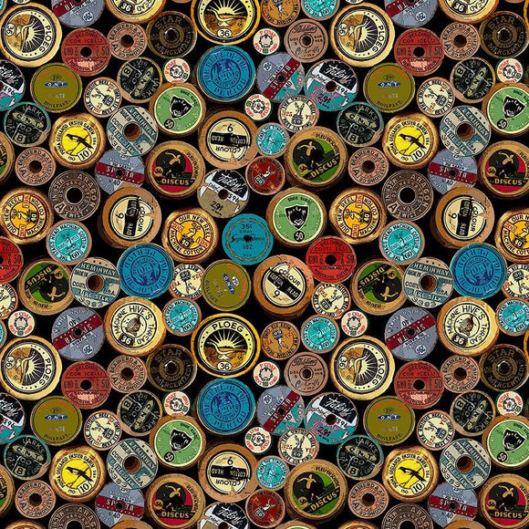 SEW-CD3354-MULTI - ANTIQUE SPOOL LABELS - HAPPY PLACE SEWING ROOM by Timeless Treasures
