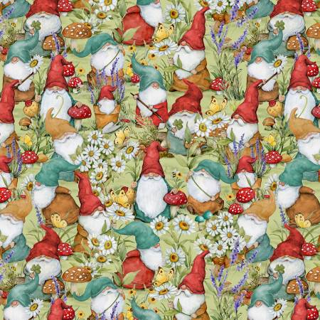 39719-734 GREEN PACKED GNOMES/SAVOR THE GNOMENT by Susan Winget for WILMINGTON PRINTS FABRICS